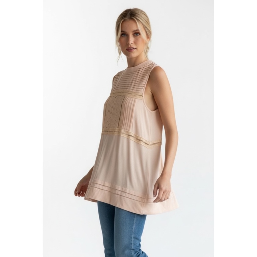 POL Peach Lace Trim Sleeveless Boho Top | Crew Neck  Relaxed Fit Blouse - Picture 4 of 7